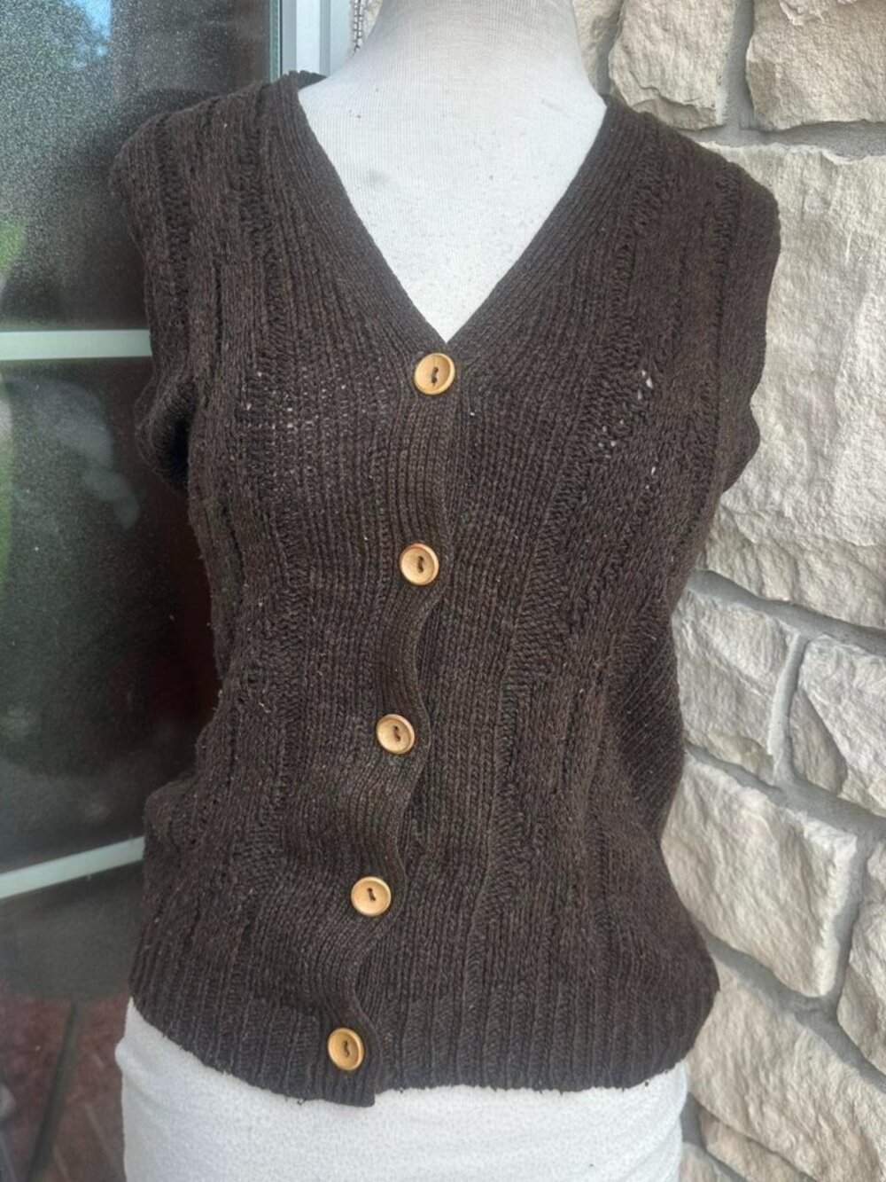 Vintage Brown Knit Button Up Cardigan Sweater Vest Size Medium
